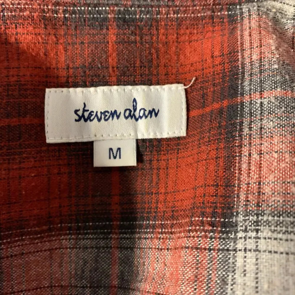 STEVEN ALAN Size M Red Black & White Plaid Cotton Wool Long Sleeve Shirt